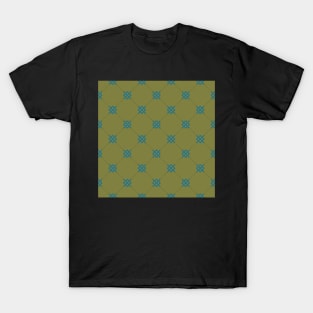Diamond pattern on dark olive green background with interlocking teal blue motifs. A simple design with classic style. T-Shirt